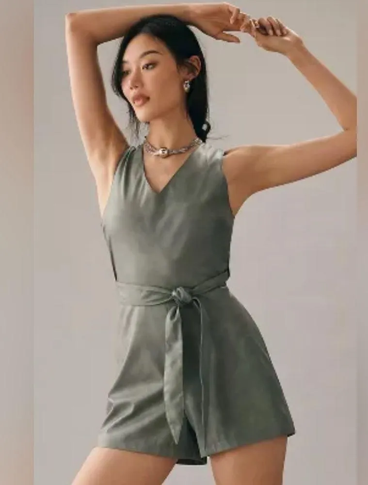 Anthropologie Avec Les Filles Women’s Faux Leather Cross Back Wrap Romper Size S - Image 13