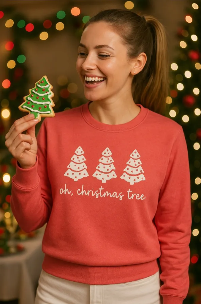 Woman’s Oh Christmas Tree Holiday Red Sweatshirt w/Xmas Tree Cake Size Large - Image 1