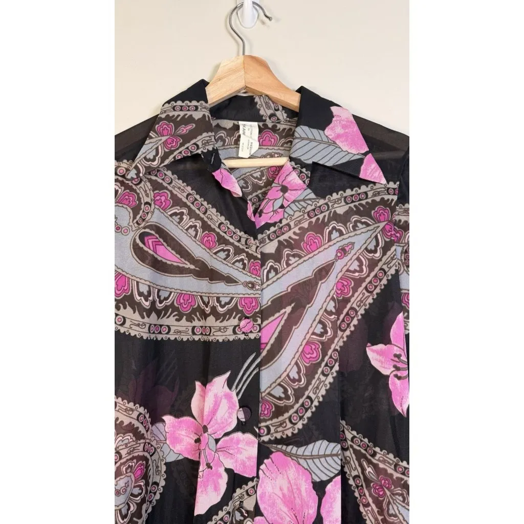 Vintage 70s Women’s Shirt Paisley Gogo Mod Disco Hippie Button Sheer‎ Size Med Pink - Image 2