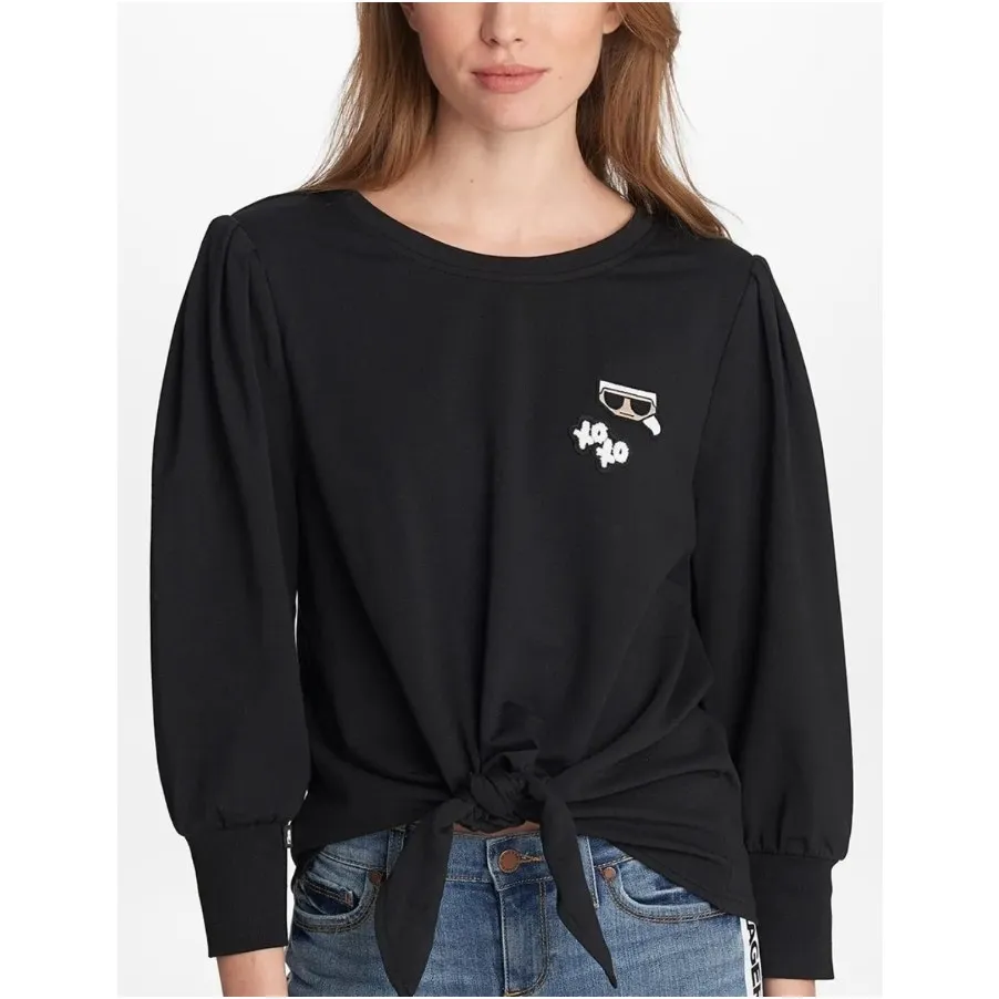 Karl Lagerfeld Sweatshirt Top Womens Small Black Puff Sleeve Embroidered Patch - Image 2