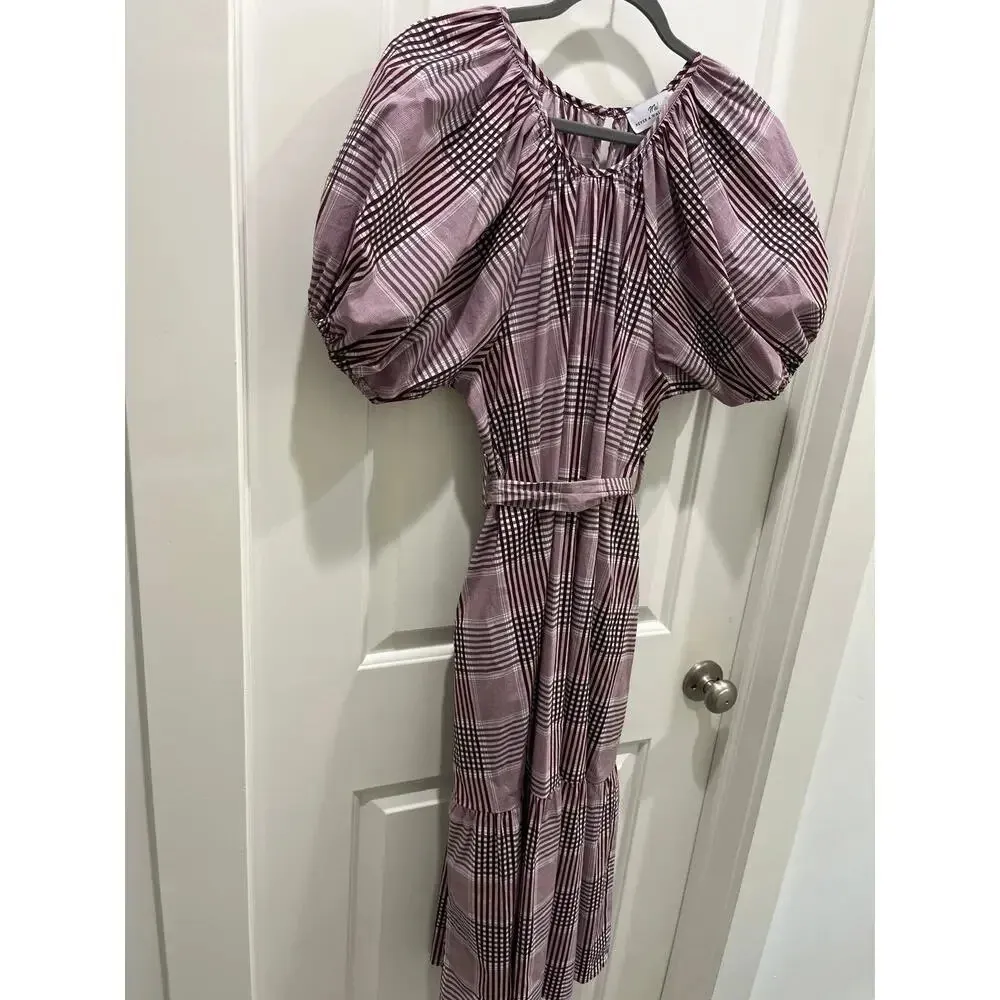 Never A Wallflower Puff Sleeve Burgundy Plaid Midi Dress Sz S Red - Image 4