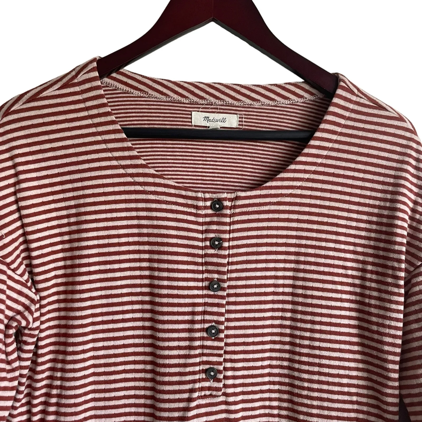 Madewell Women Top S‎ Red Tan Striped 1/4 Button Popover Soft Rustic Western - Image 11