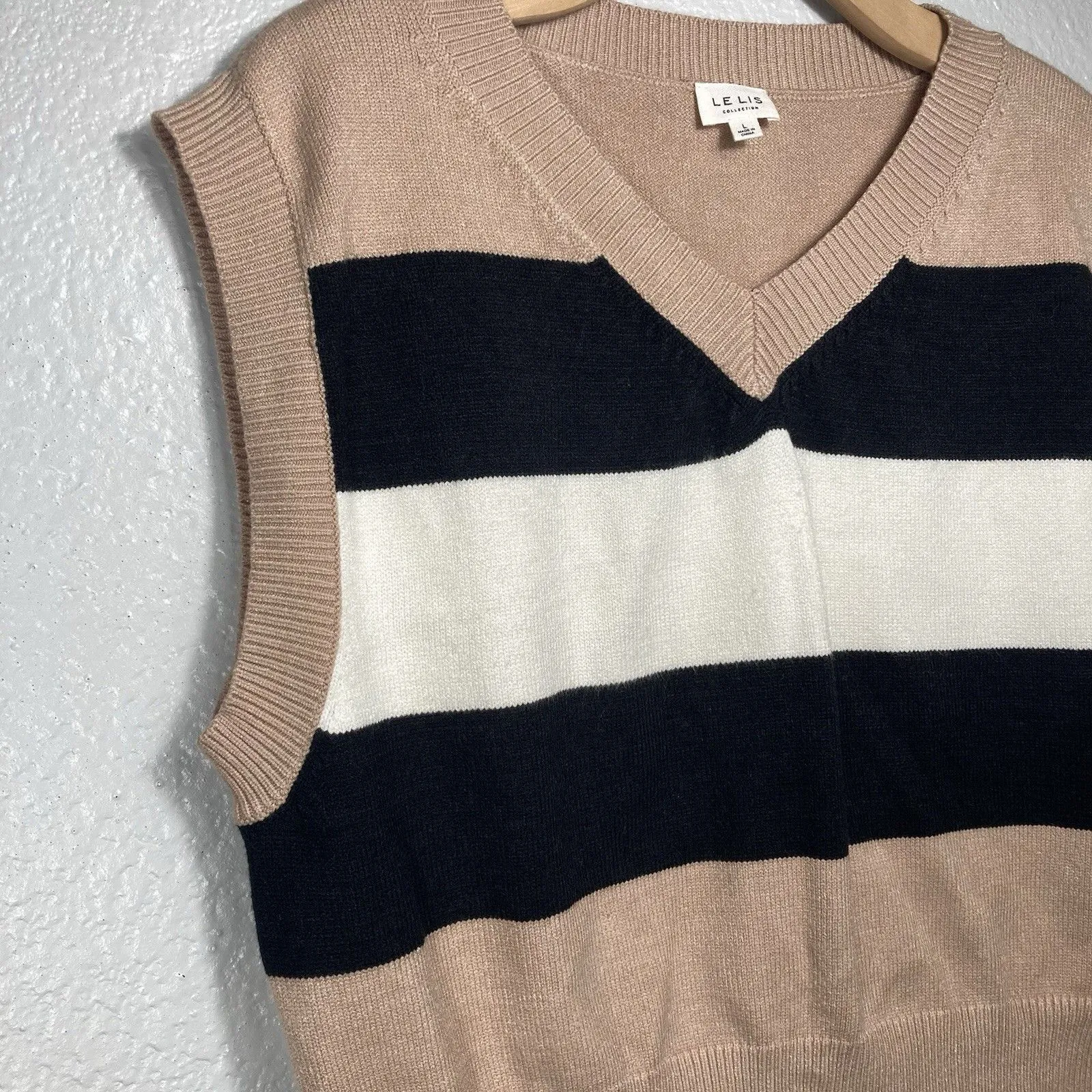 Le Lis Striped Colorblock Brown Neutral Sweater Vest V-Neck Cropped Boxy Sz L - Image 2