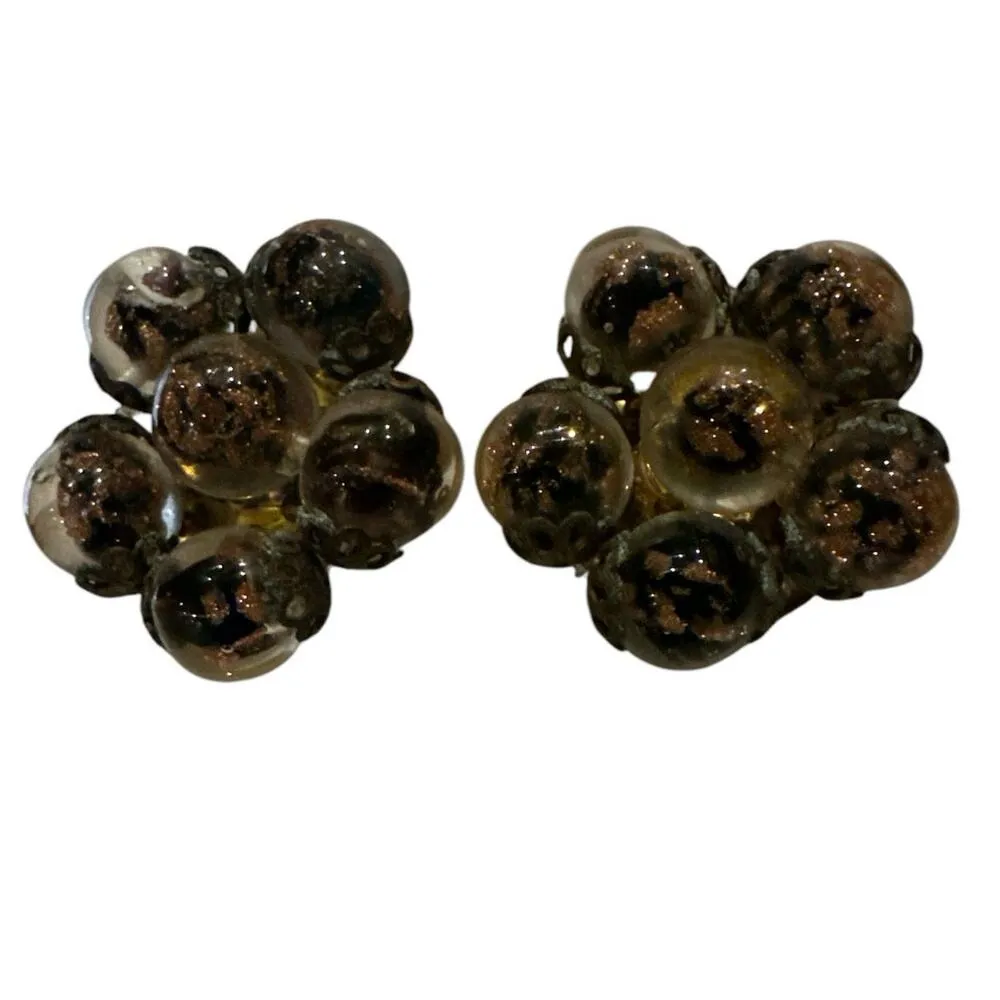 Vintage glass bead cluster clip earrings, brown marked made in Italy - Image 2