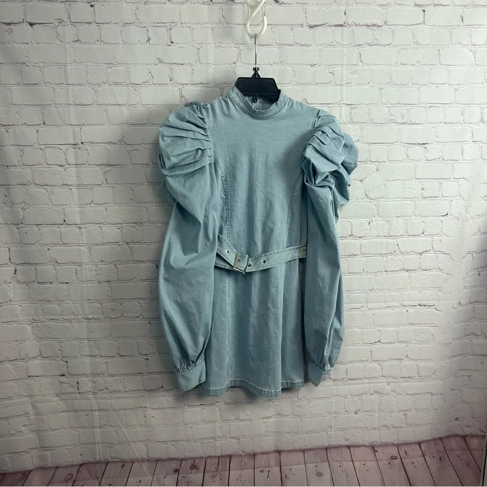 Boutique denim retro belted dress light wash puffy sleeve funky y2k vibes Small Blue - Image 2