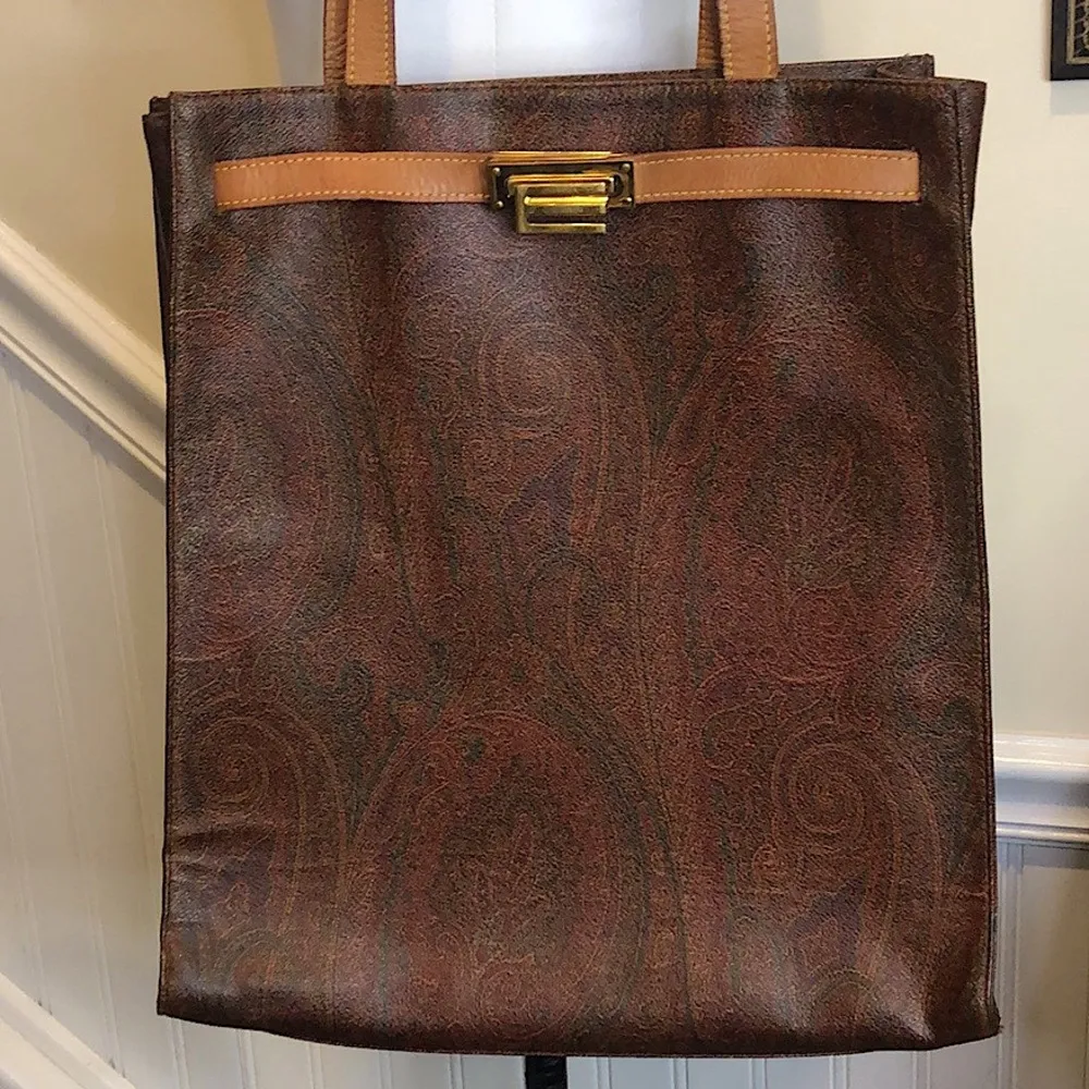 ETRO Red Paisley Coated Canvas Vachetta Leather Two Handle Tote Shoulder Bag - Image 6