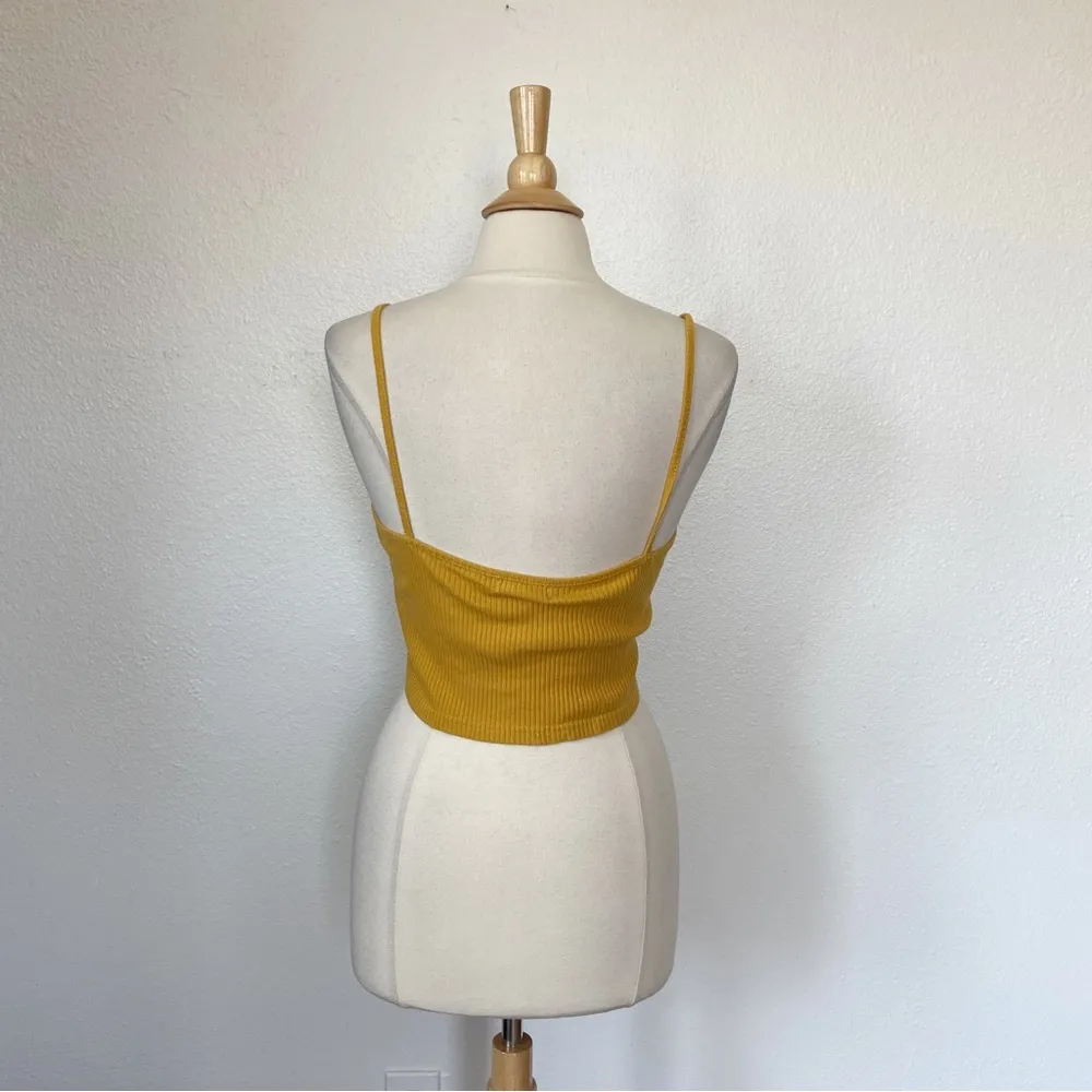 Ribbed Mustard Yellow Tie Front Crop Top - Image 3