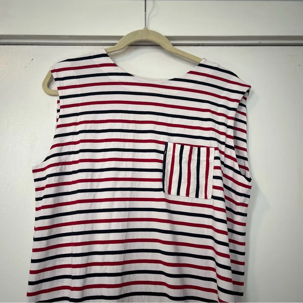 LOFT Striped Sleeveless Midi Dress with slit red, Blue, White pocket medium - Image 3