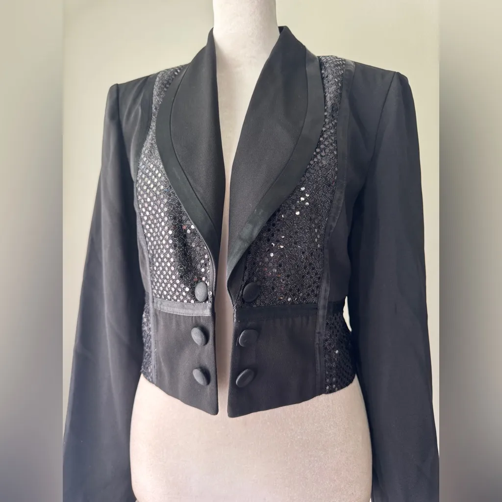 Vintage ‘90s Perceptions by Irene B Black Sequined Cropped Tuxedo Jacket - Image 5