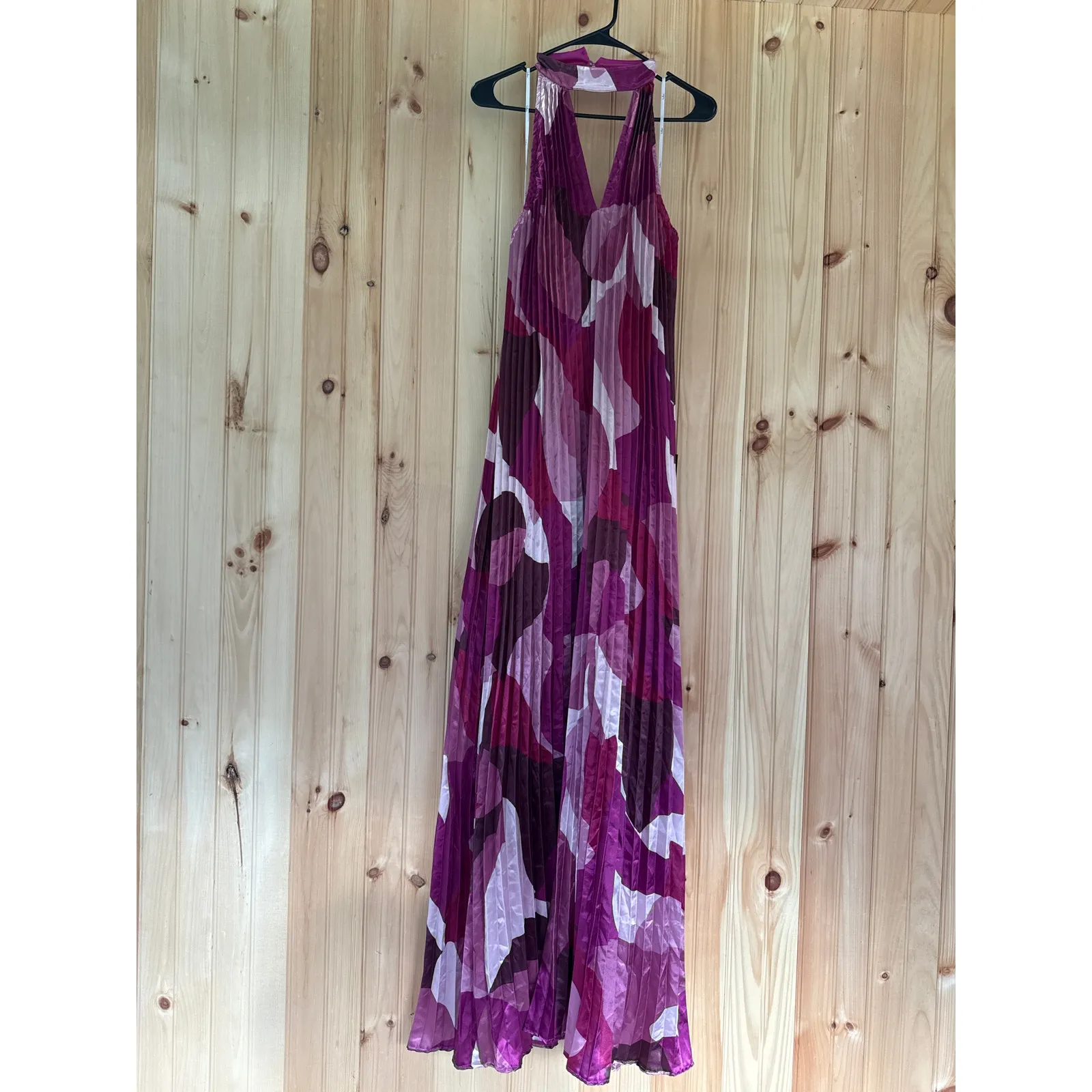 NWT Lulus Prime Poise Pink bstract Satin Halter Maxi Dress Open Back S - FLAW - Image 2