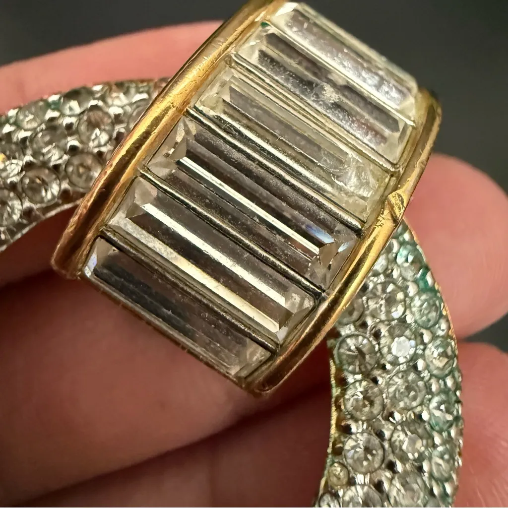 Vintage SAL Swarovski Baguette Pave Crystal Gold tone Door Knocker Clip Earrings - Image 14