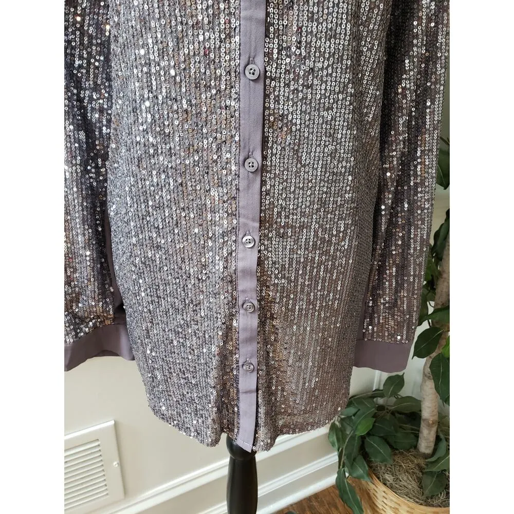 Torrid Button Down Shirt Women's 3X Gray Sequin Stretch Collared Long Sleeve - Image 10