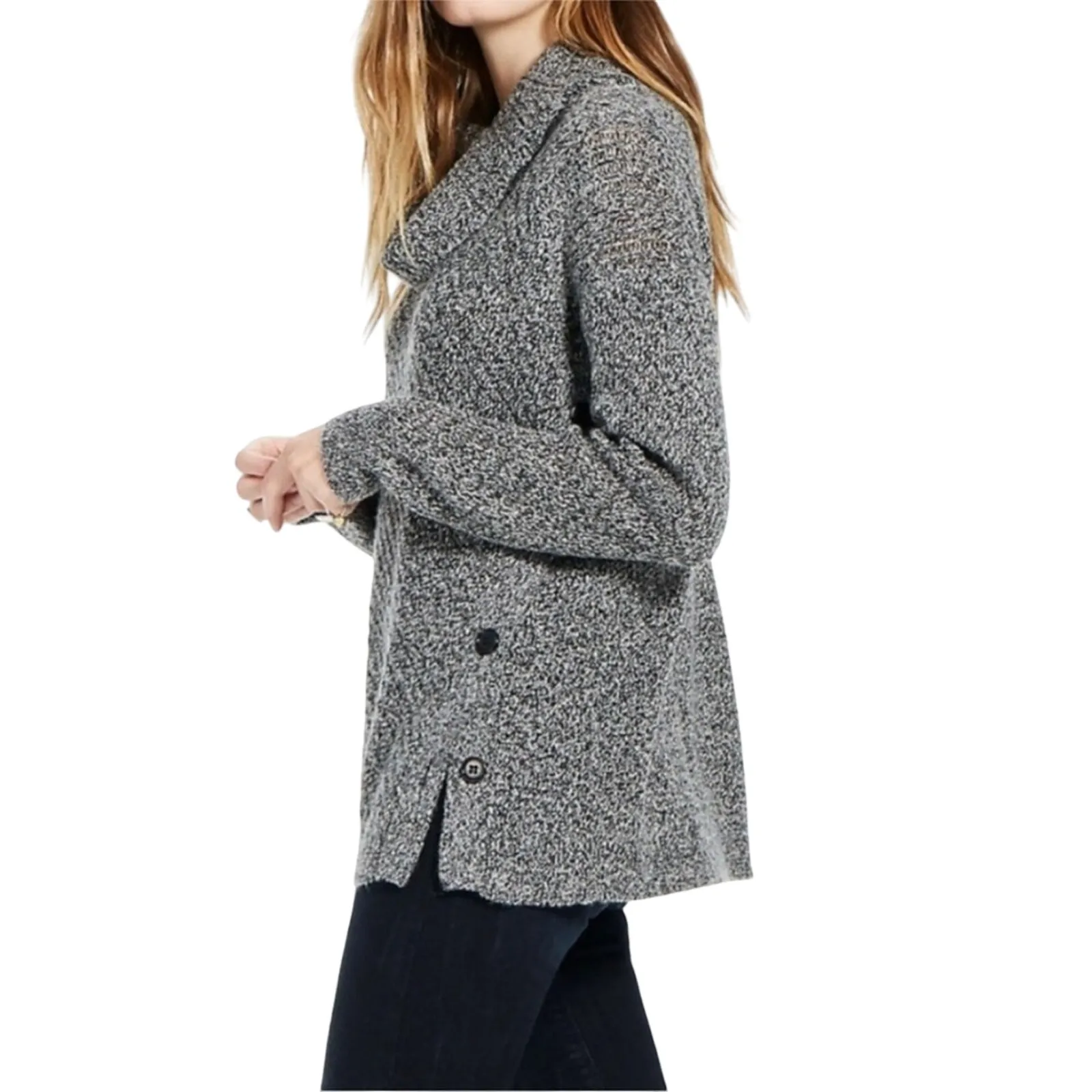 LUCKY BRAND Sweater-Tunic Sz XL Black Cowl Neck Side Button Cozy Retro Boho Y2K - Image 2