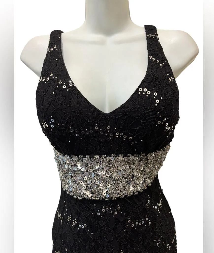 My Michelle Black Sequin Maxi Long Gown Sz 11 Plunging Neck High Split - Image 4