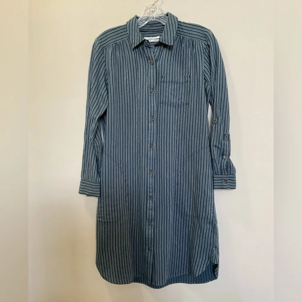 Anthropologie Linen Blend Bellamy Denim Chambray Blue Striped Shirt Dress 6 - Image 4
