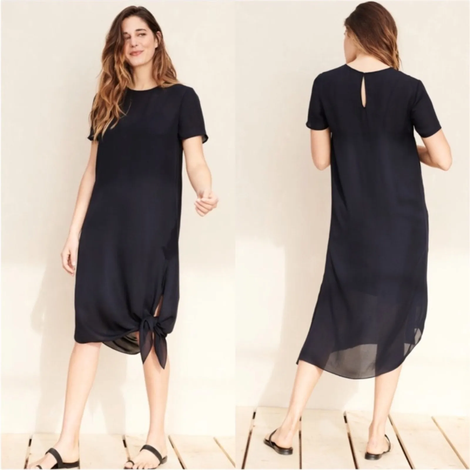 NEW Jenni Kayne 100% Silk Side Tie Midi Dress Womens Small Navy Blue Sheer - Image 2