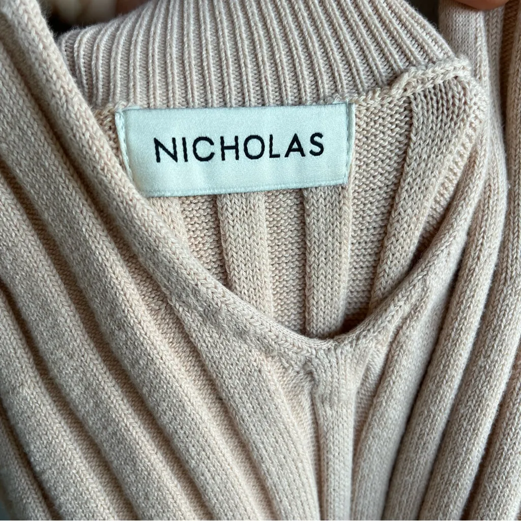 NICHOLAS Plunge Neck Ribbed Cotton Knit Dress Neutral Beige Size M Tan Size M - Image 9