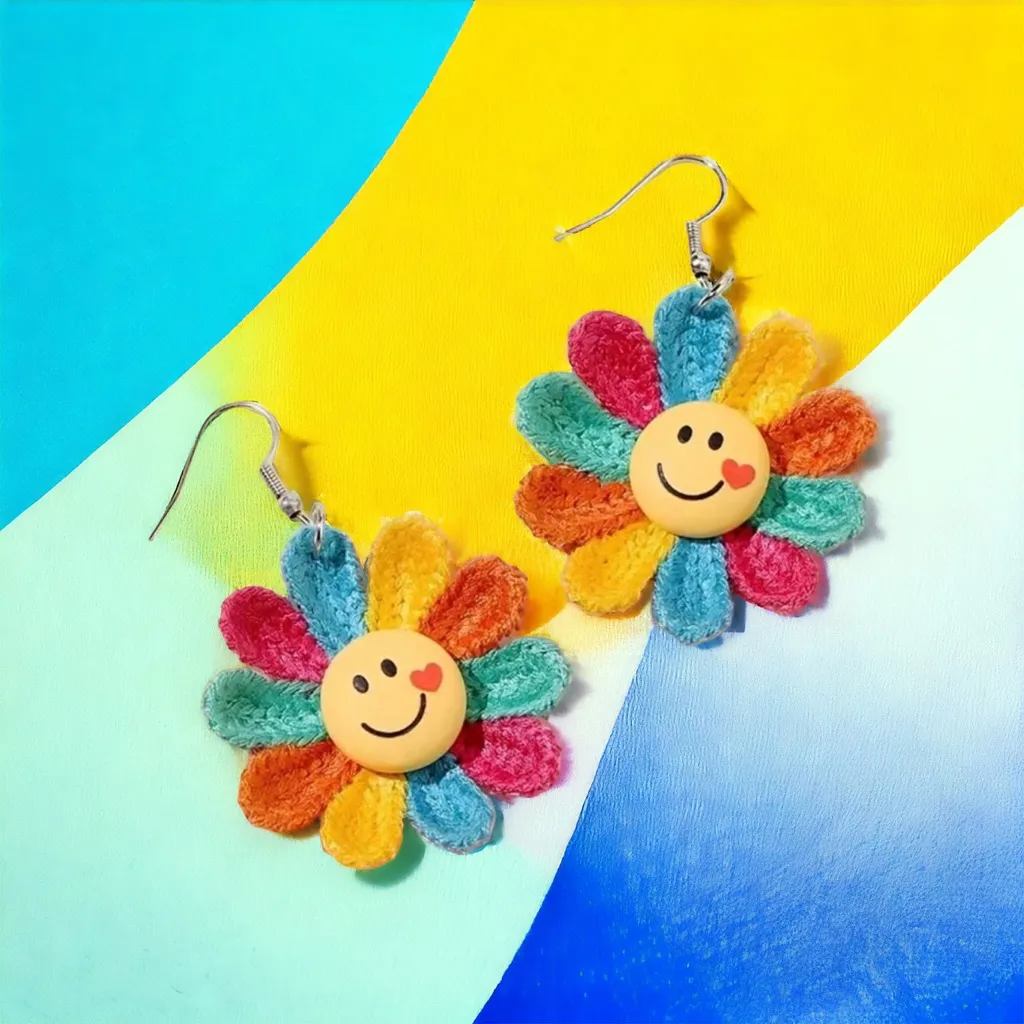 Rainbow Color Sunflower Smiling‎ Face Design Dangle Earrings Cute Knit Style Yellow - Image 5