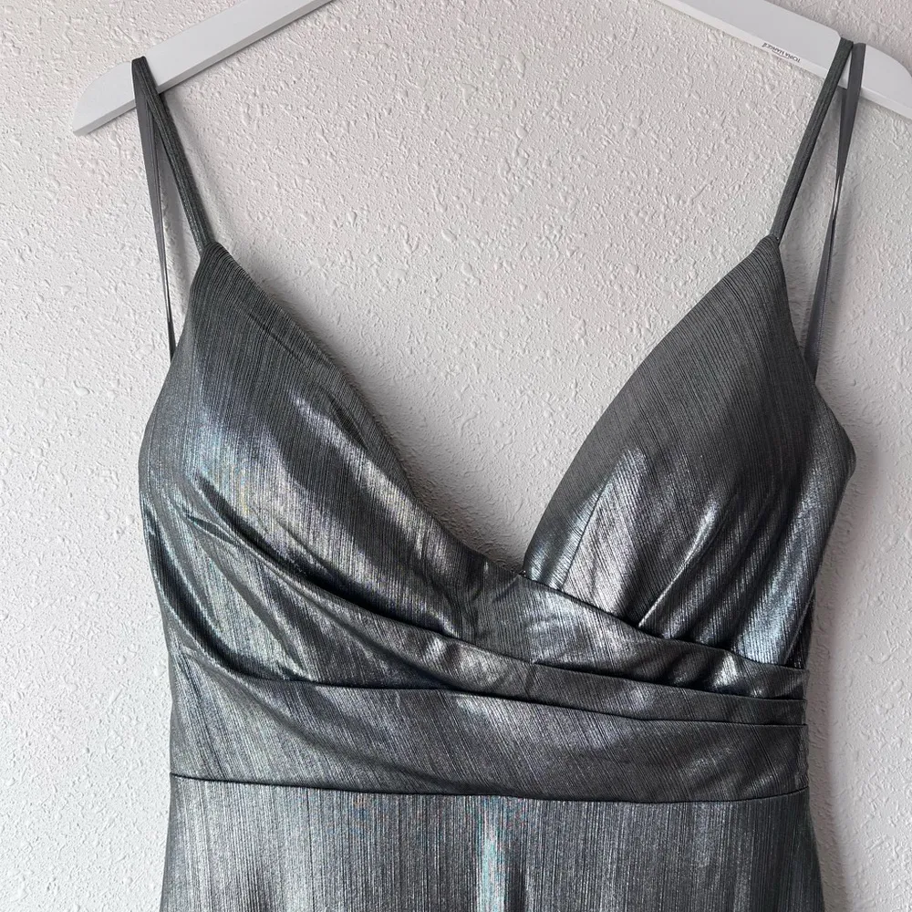 Ieena for Mac Duggal Plunging Surplice V-Neck Sleeveless Open Back Sheath Gown - Image 4