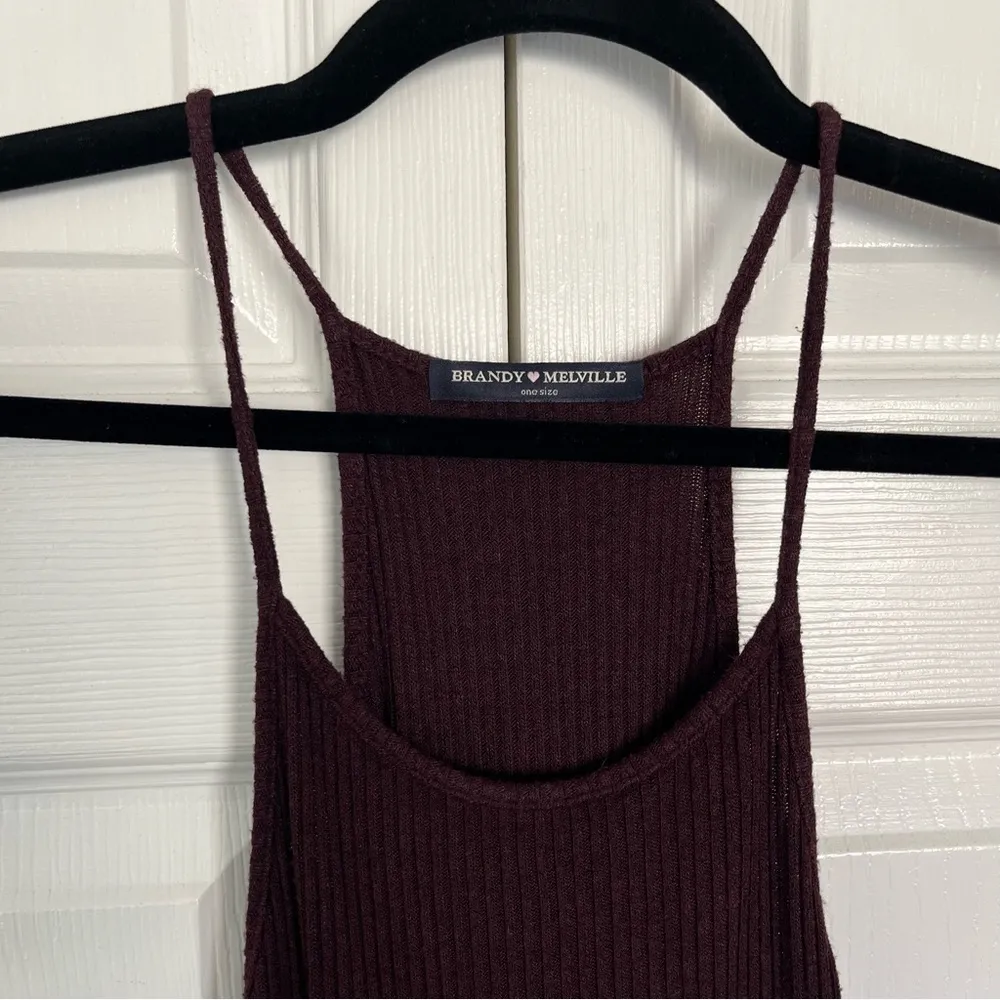 Maroon Ribbed Brandy Melville Spaghetti Strap Tank Top OS - Image 2