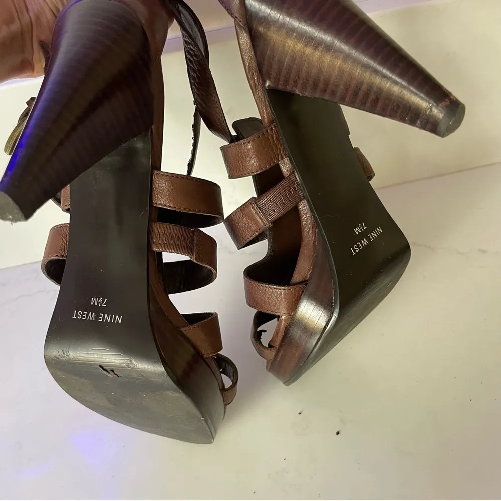 Nine West Balboa Brown Faux Leather Wooden Heels Size 7M - Image 6