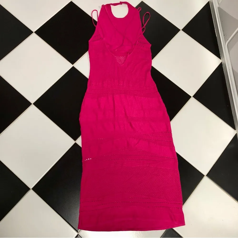 Esteban Cortazar Collective Stretchy Midi Dress Hot Pink Crochet Wedding Guest L - Image 9