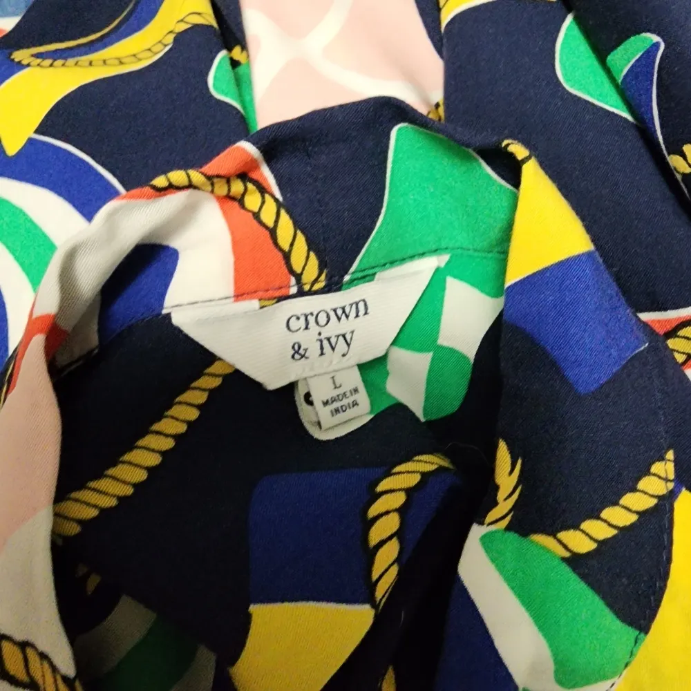 Crown & Ivy Navy Nautical Flag Print Tie Neck Long Sleeve Blouse Size Large - Image 6