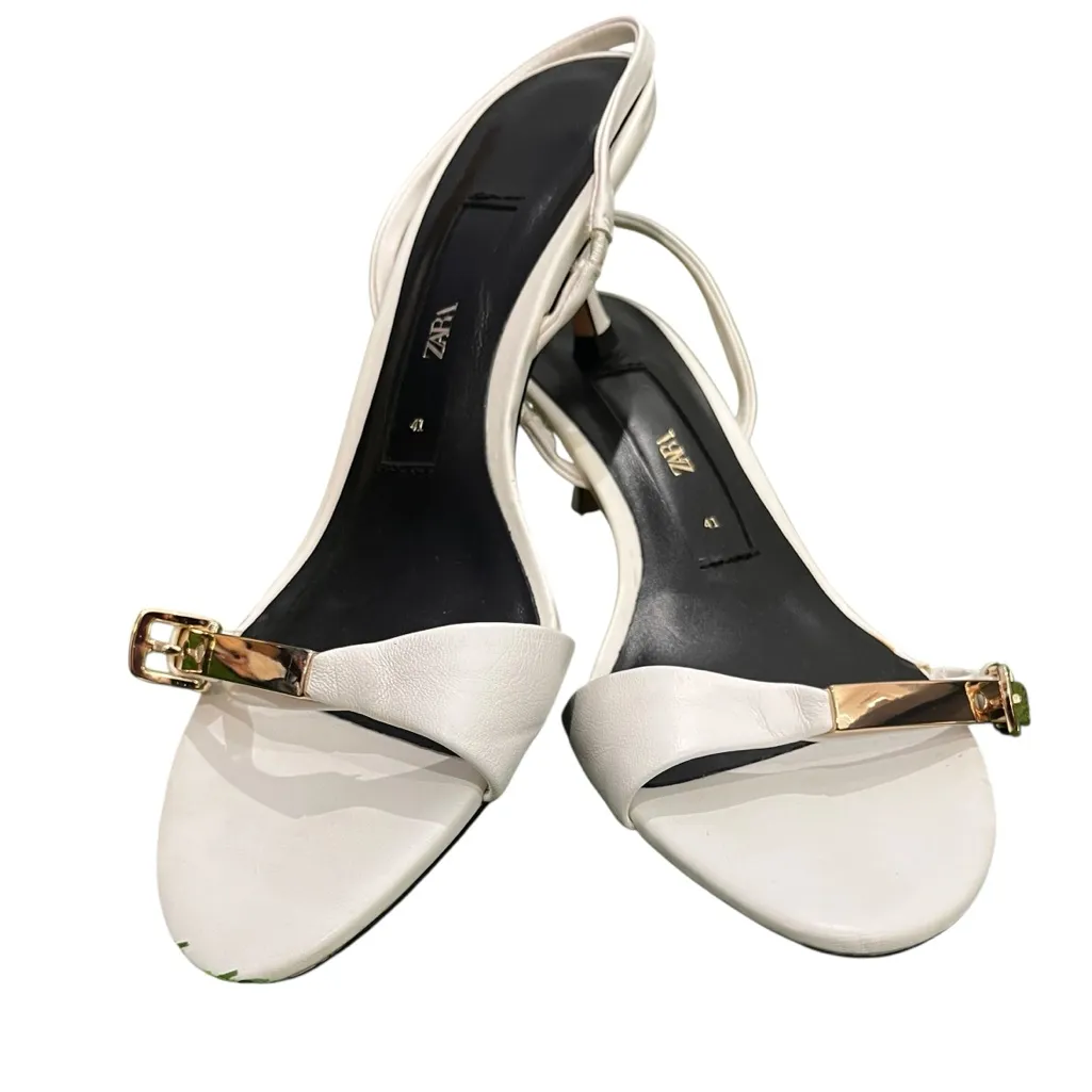 Zara Gold Buckle White Kitten Heels - Image 2