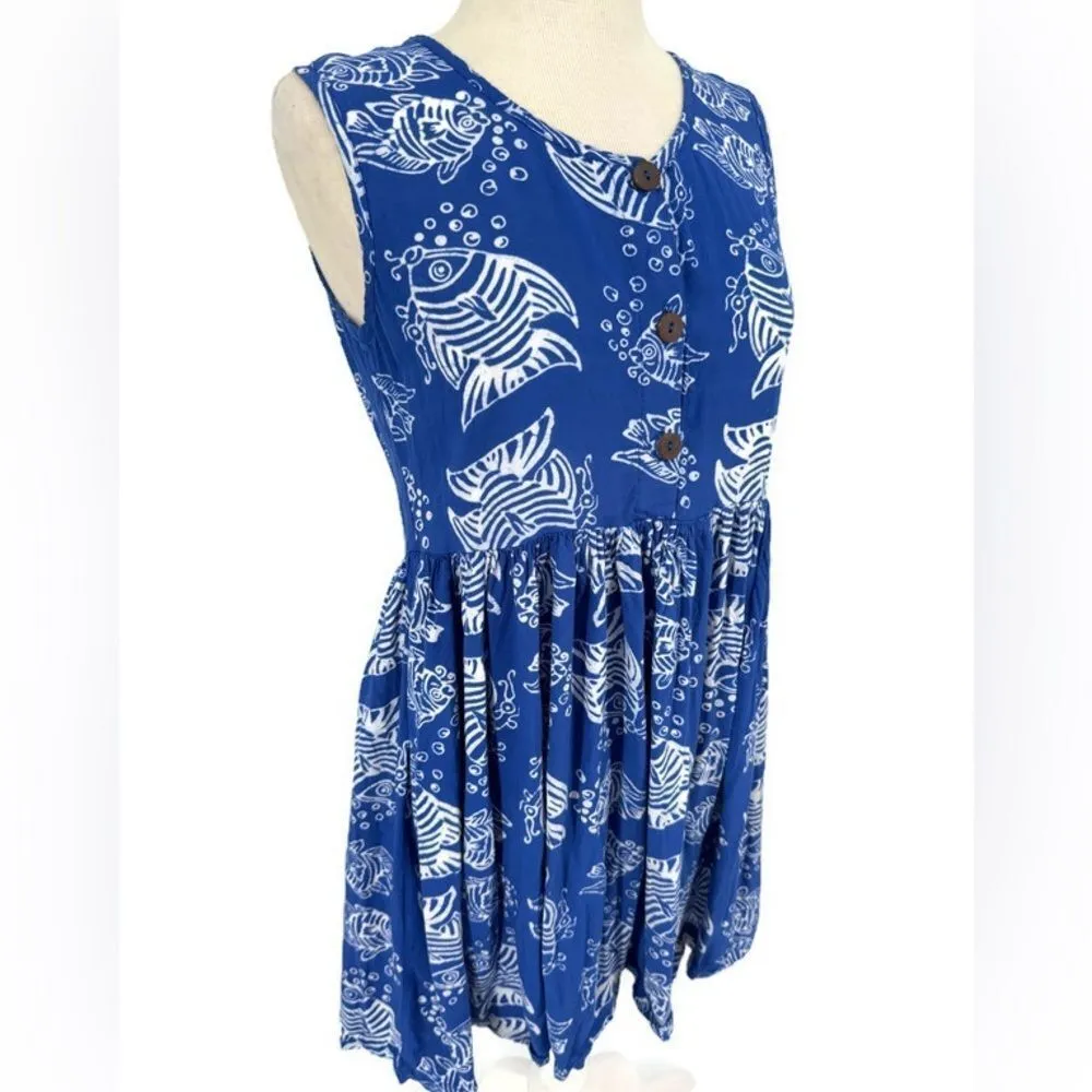 BAJU‎ Fish Sea Ocean Bubbles Themed Button Front Dress Size Medium Blue - Image 2