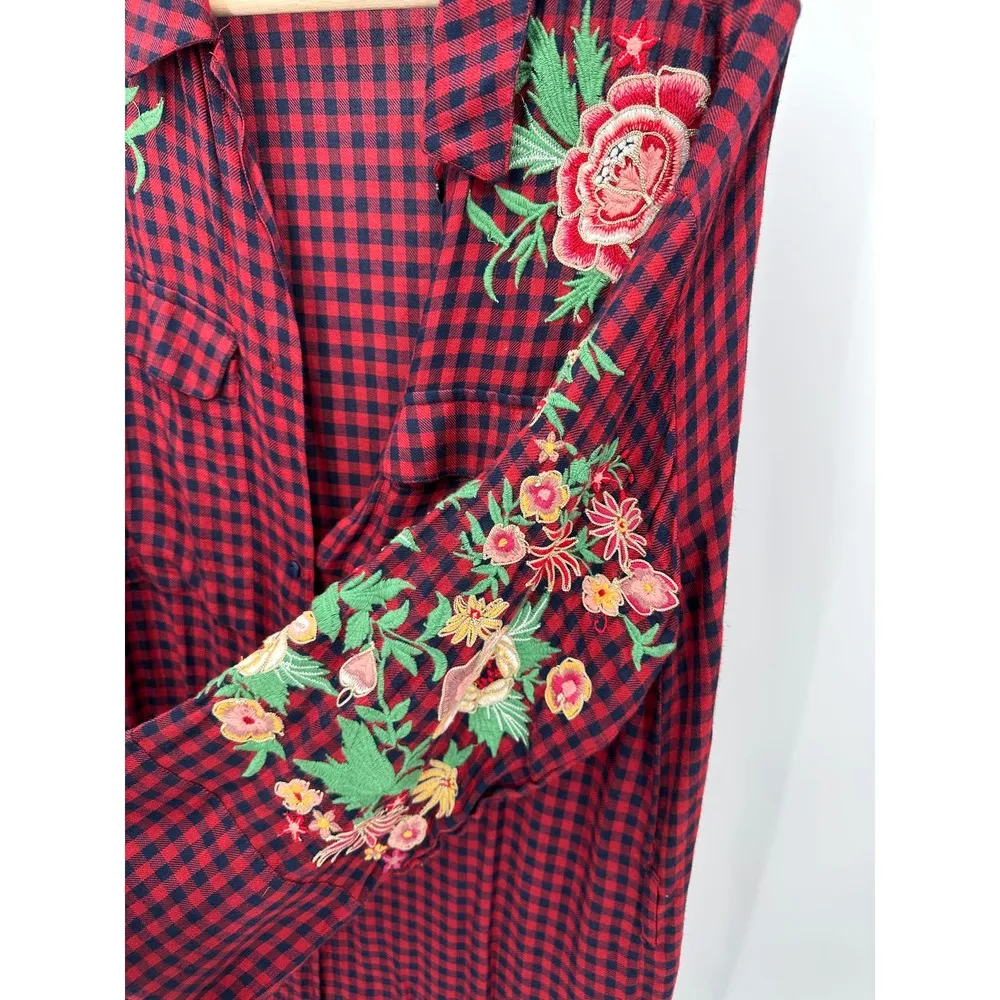 Zara Cardigan Women SMALL Red Navy Blue Plaid Button Front Maxi Dress Duster - Image 8