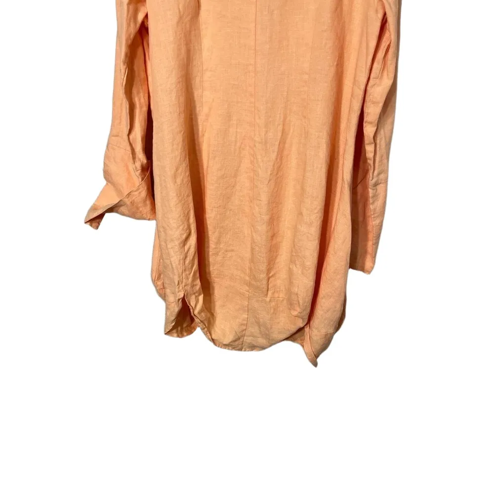 Comfy USA Peach Linen Longsleeve Collared Buttonup Bubble Hem Tunic Dress Large Orange - Image 6
