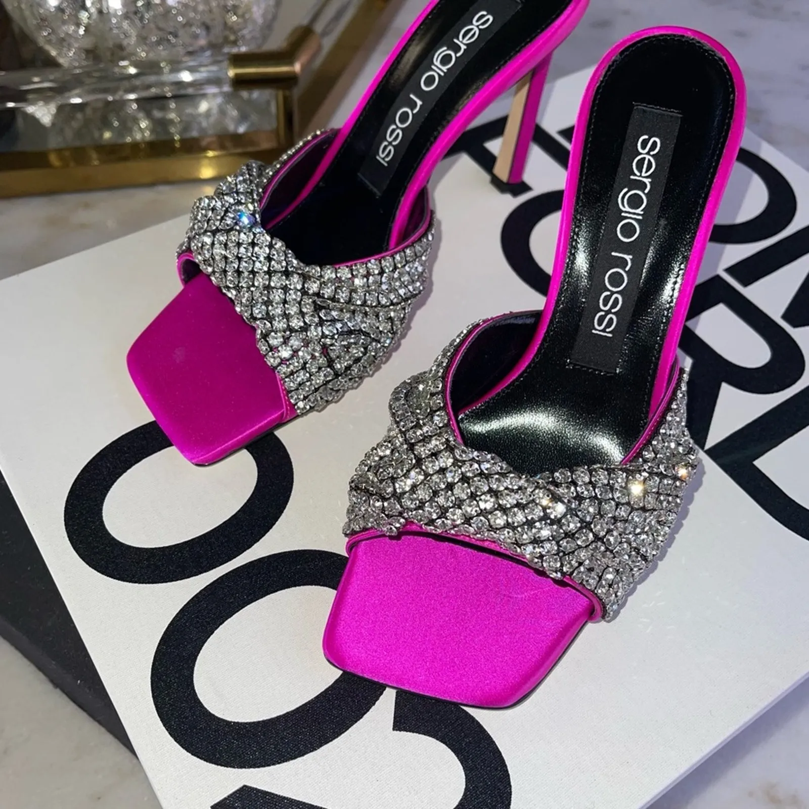 Sergio Rossi 95mm Tyra Embellished Satin Mules Heel Pumps in Fuchsia - Image 7