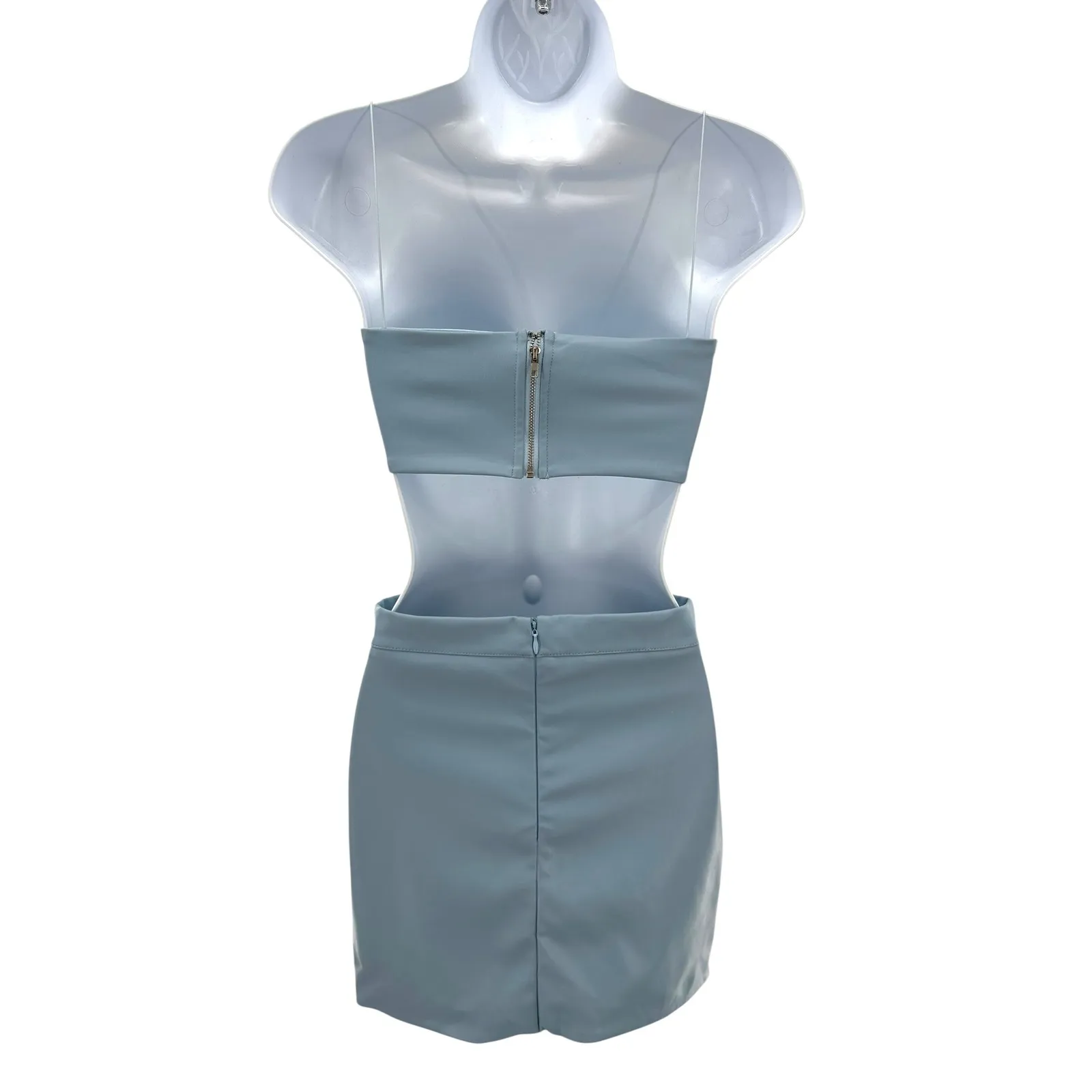 Babyboo Blue Faux‎ Leather Two Piece Set XS Crop Top Mini Skirt Clubwear Y2K - Image 4