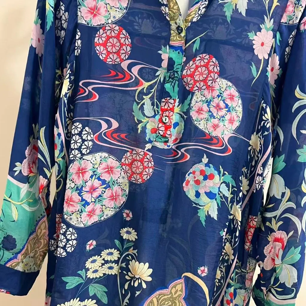 NWOT Johnny Was Blue Floral Kimono Ellyonora Half Placket Tunic Shirt Dress S - Image 7