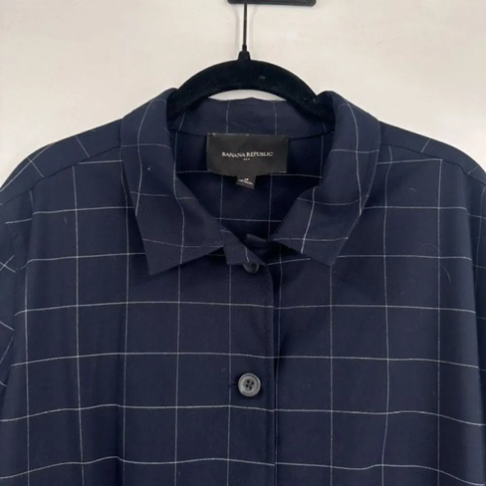 Banana Republic Womens Windowpane Drawstring Shirt Jacket Navy Blue White Medium - Image 12
