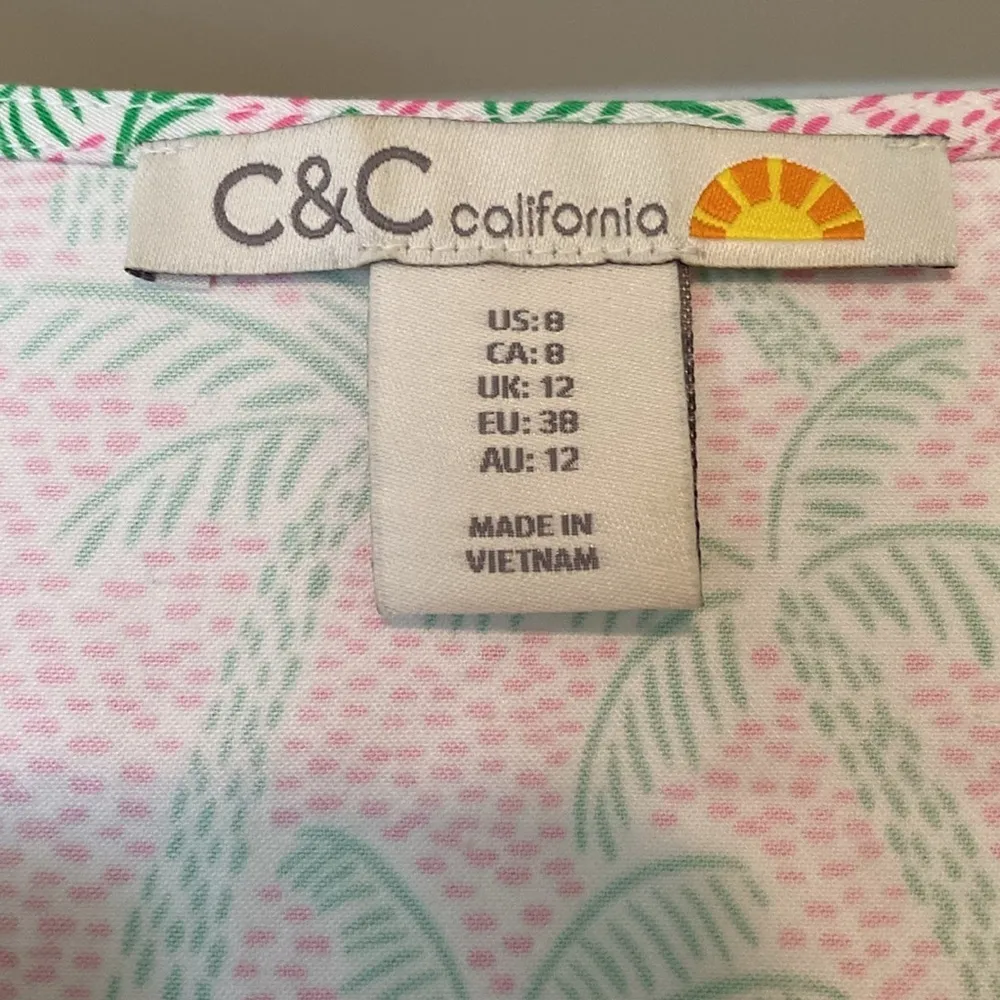 C&C California Cotton Sleeveless V Neck Palm Print Midi Shift Dress Pink Green 8 - Image 3