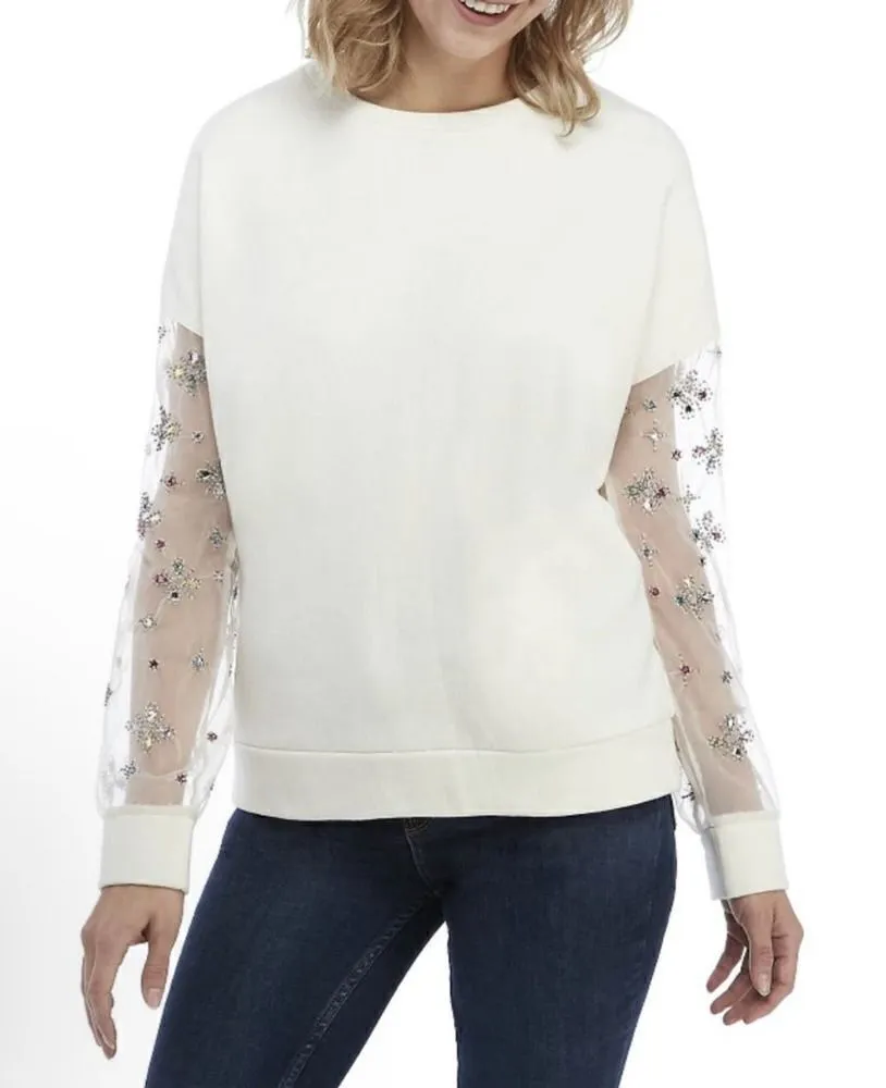 Kaari Blue Beaded Emellished Sleeves Sweatshirt Size Medium - Image 1