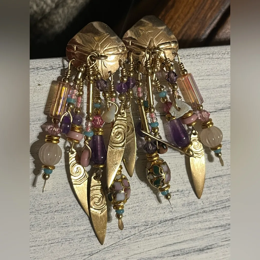 Vintage Signed Tabra Amethyst & Turquoise Earrings Gold filled/Cloisonne Swirl - Image 5