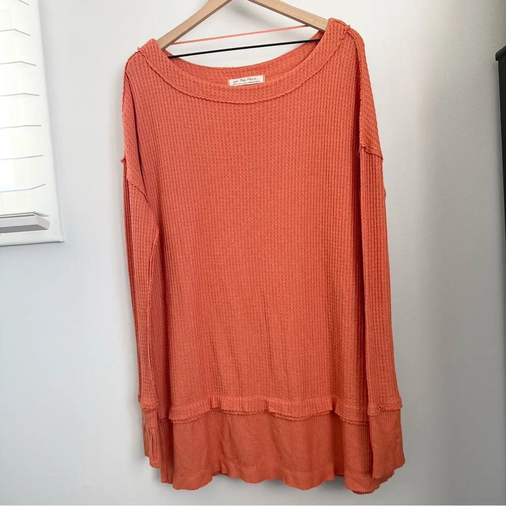 Free People Large North Shore Tunic Waffle Knit Orange Coastal Lounge Relaxed - Image 3