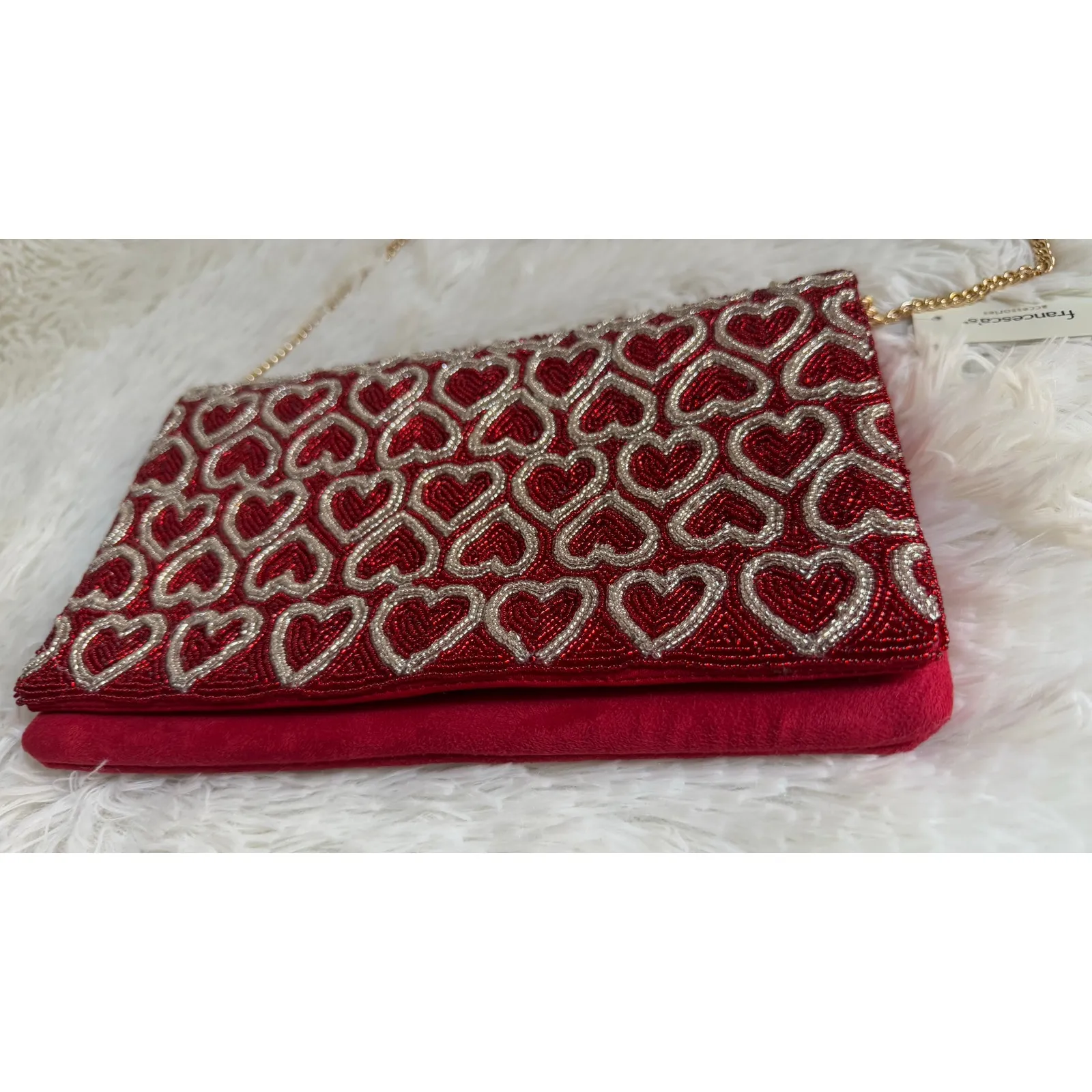 Francesca Clutch Evening Bag Gold Red Beaded Heart Chain Shoulder Strap NWT - Image 3