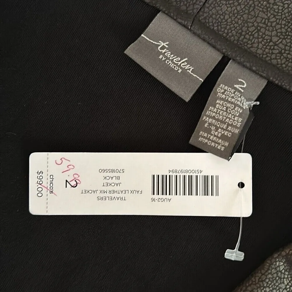 Chicos Travelers Faux Leather Mix Jacket Women's 12 Black 3/4 Sleeve Stretch NWT - Image 3