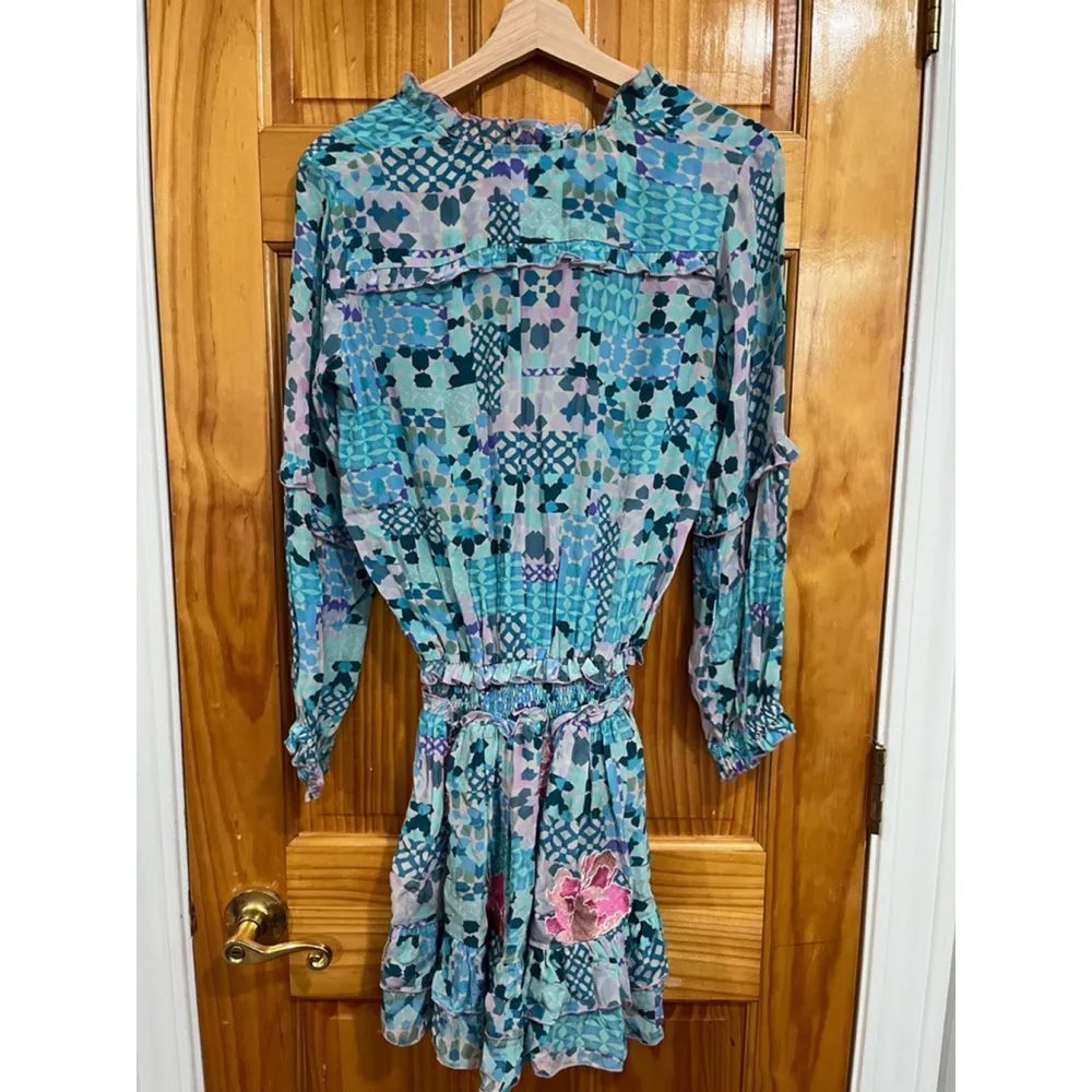 Taj by Sabrina Crippa Blue Pink Geometric Embroidered Floral Boho Peasant Dress - Image 3