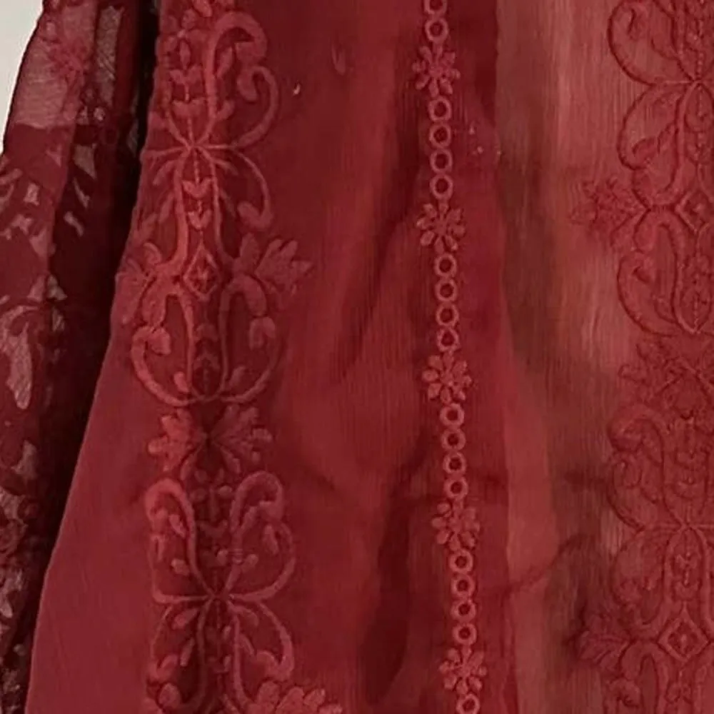 FOREVER 21 BURGUNDY RUST VINTAGE FLORAL WOVEN CARDIGAN SMALL - Image 5