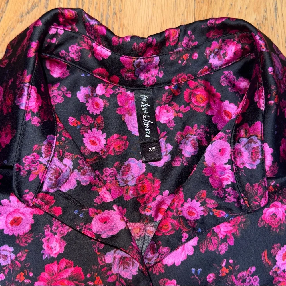 FOR LOVE AND LEMONS Lola Silk Like Pajama Top Long Sleeve Pink Black Floral XS - Image 3
