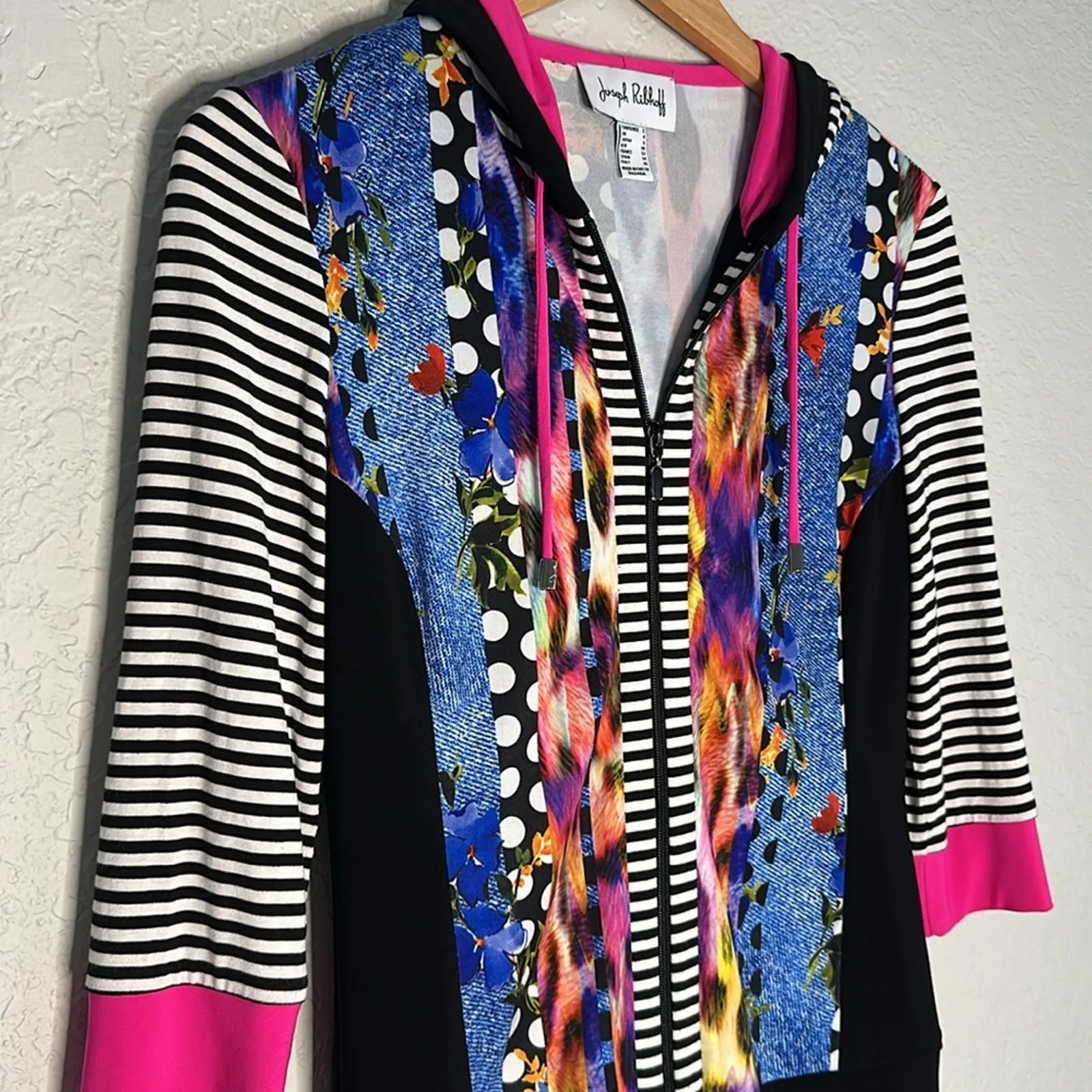 Joseph Ribkoff Hoodie Jacket Full Zip Punk 80s Stretch Pink Black Athleisure - Image 7