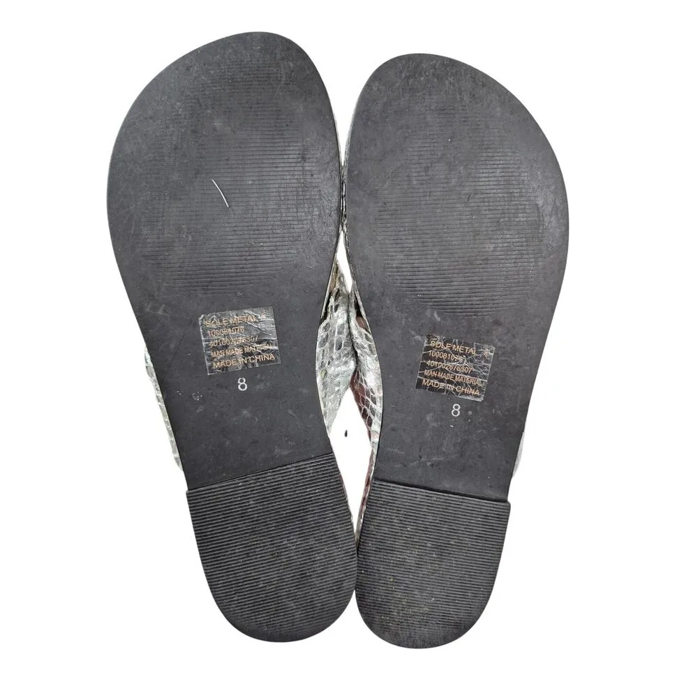 Chico's Sole Metal Silver Metallic Faux Snakeskin Ribbon Thong Flat Sandals Sz 8 - Image 4