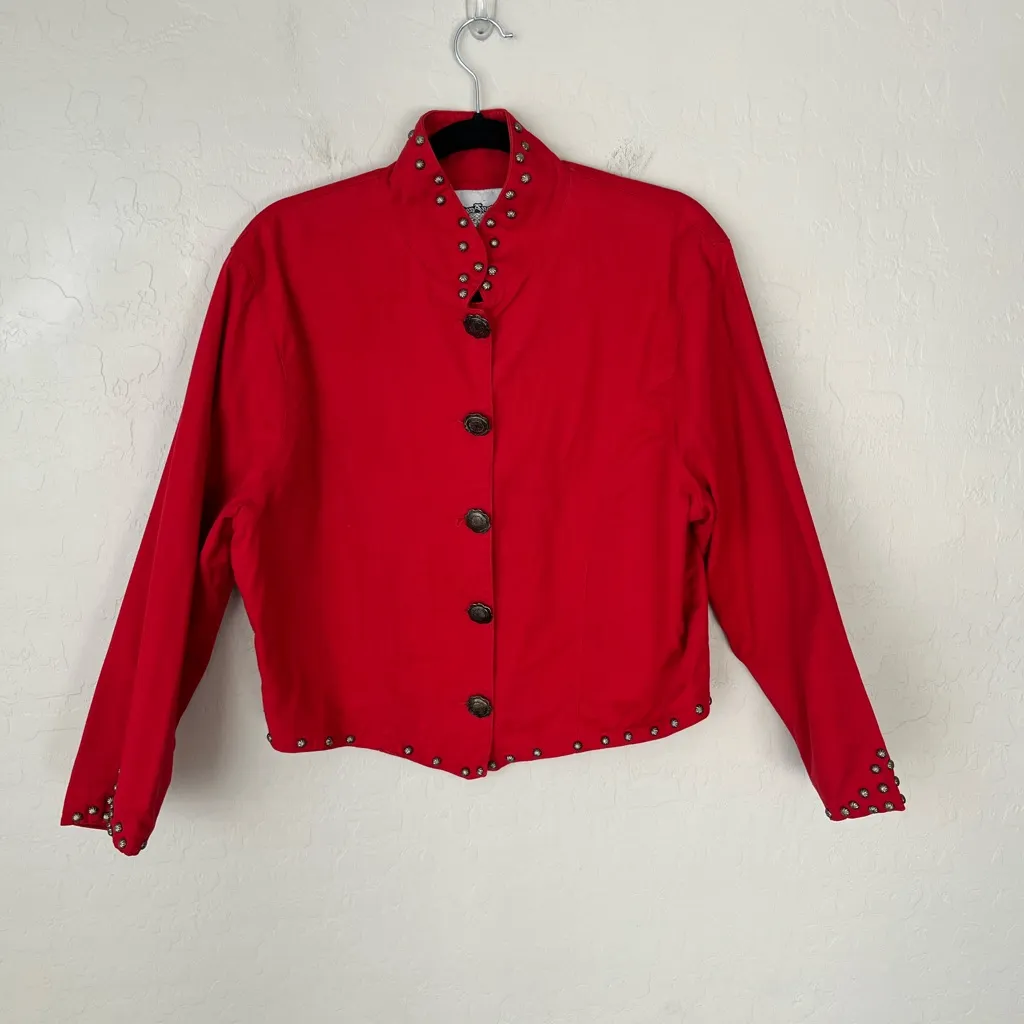 Vintage Western Southwestern Concho Metal Rivet Crop Jacket Red Size Large - Image 2