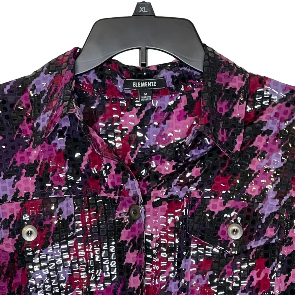 Elementz Shiny Sparkle Button Jean Jacket Shirt Stretch Long Sleeve Women Medium - Image 2