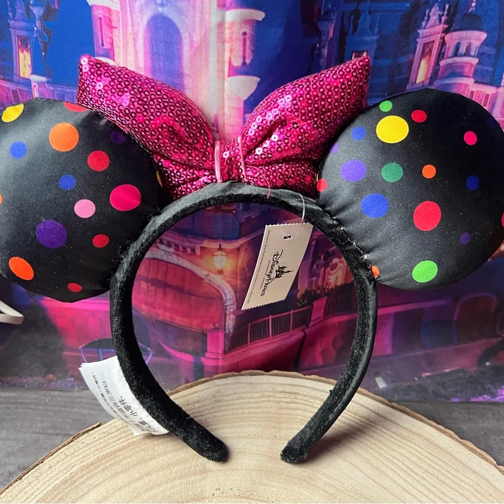 Disney Parks Minnie Mouse polka dot pink sequin bow black headband-new - Image 2