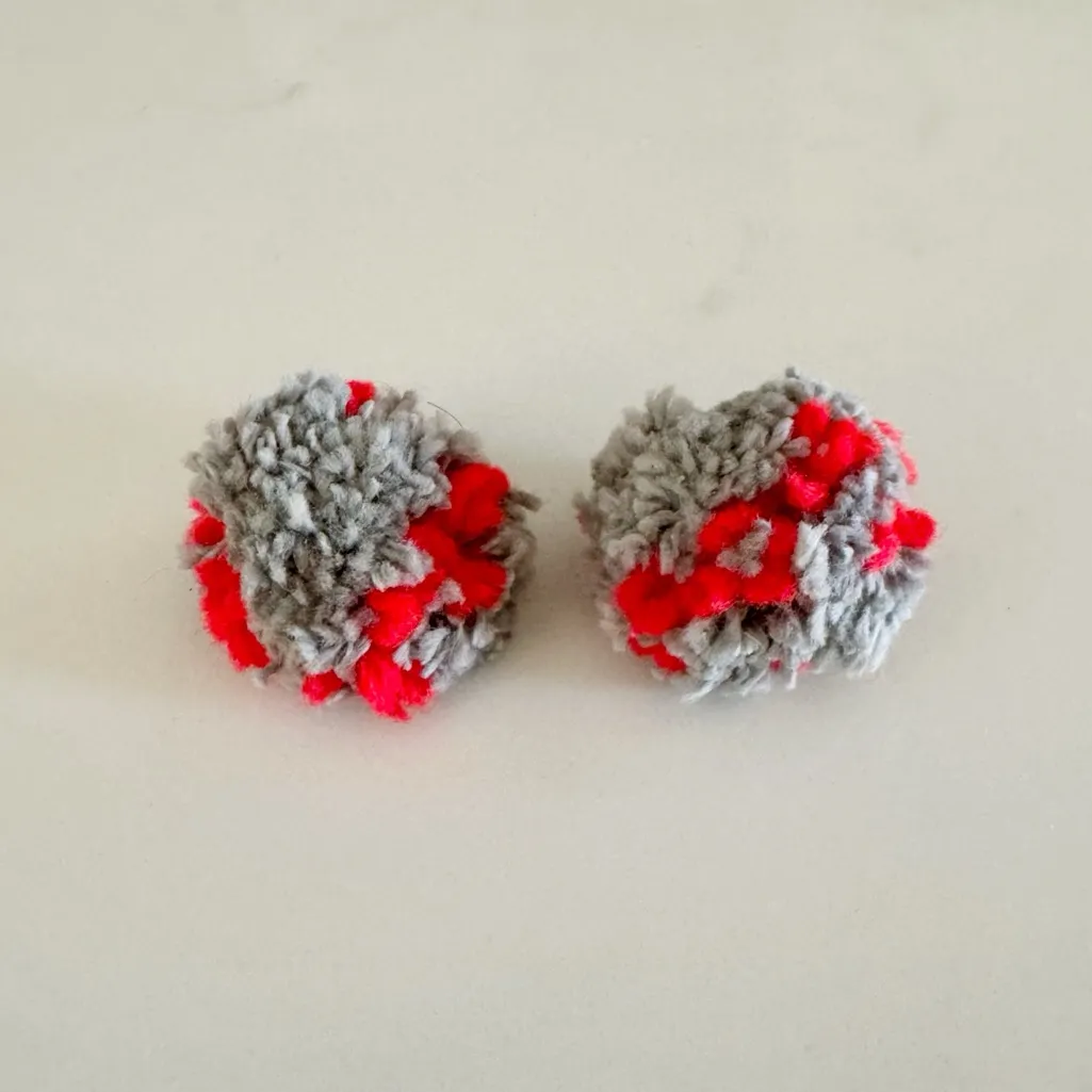 Cozy Handmade Gray & Red Pom Pom Boho Chunky Knit Yarn Earrings, Stud Post Back - Image 14